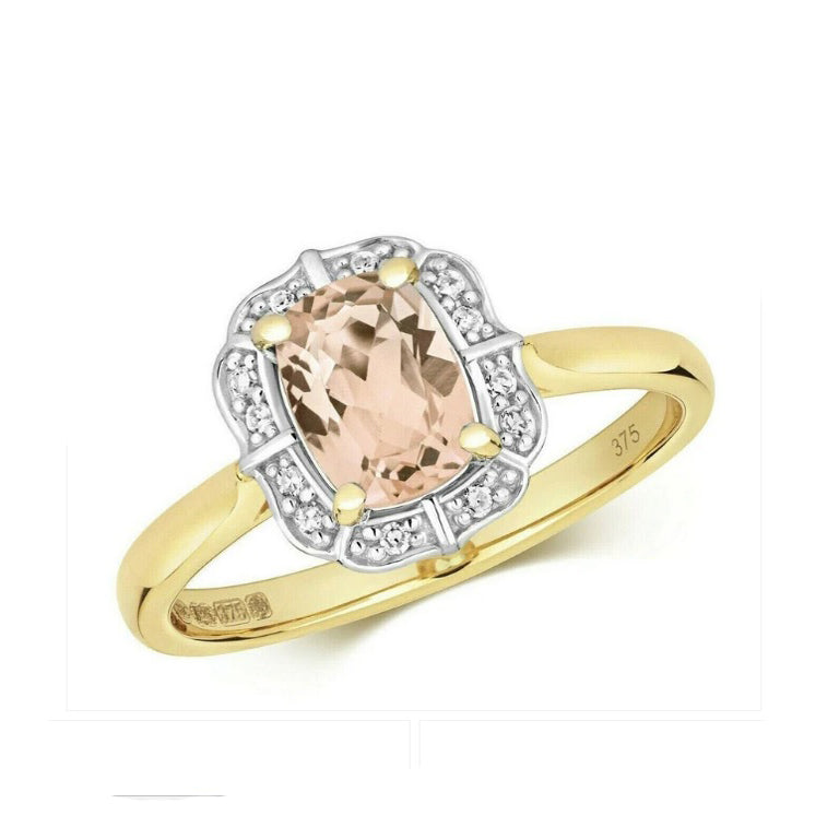 Real Morganite and Diamond Ring Solid Yellow Gold Cushion Cluster Size J - Q