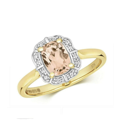 Real Morganite and Diamond Ring Solid Yellow Gold Cushion Cluster Size J - Q