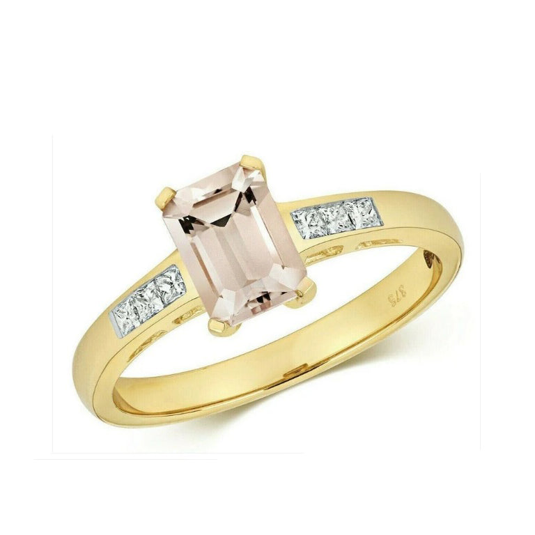 Real Morganite and Diamond Ring 9ct Yellow Gold Emerald Cut Solitaire Engagement