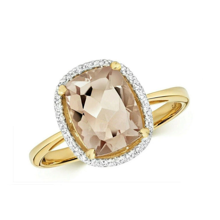 Real Morganite and Diamond Ring 9ct Yellow Gold Cocktail Statement Size J-Q