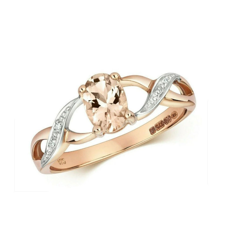 Real Morganite and Diamond Ring Solid Rose Gold Twist Shoulders Size J - Q