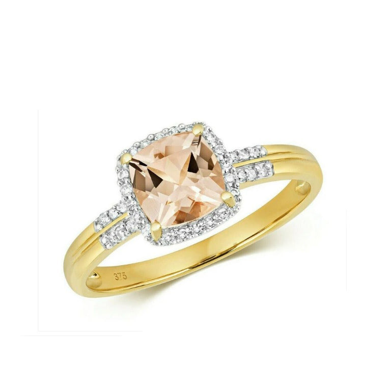 Real Morganite and Diamond Ring Solid Yellow Gold Cushion Cluster Size JKLMNOPQ