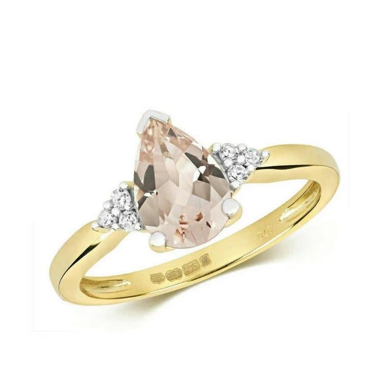 Real Morganite and Diamond Ring 9ct Yellow Gold Pear Solitaire Size JKLMNOPQ