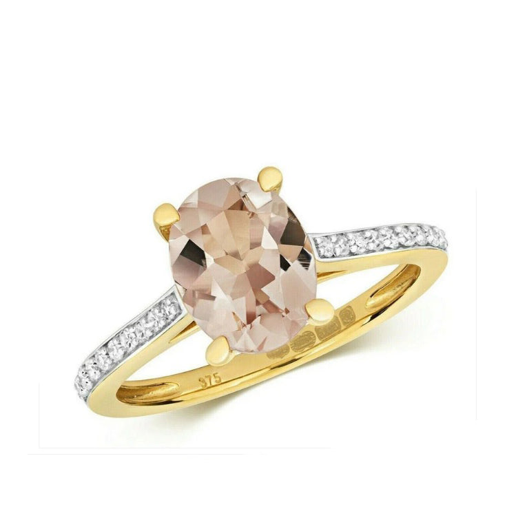 Real Morganite and Diamond Ring 9ct Yellow Gold Oval Solitaire Size J -Q