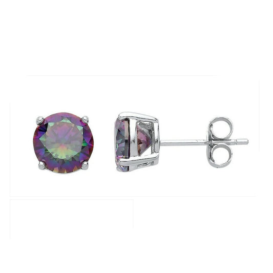 J R Jewellery mystic topaz stud earrings with round multicolour stones set in silver prong settings