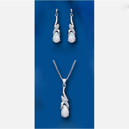 J R Jewellery opal and diamond jewellery set with teardrop opal stones and silver detailing on necklace and earrings