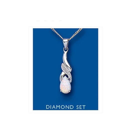Opal and Diamond Pendant Sterling Silver 18" Chain 925 Hallmark British Made