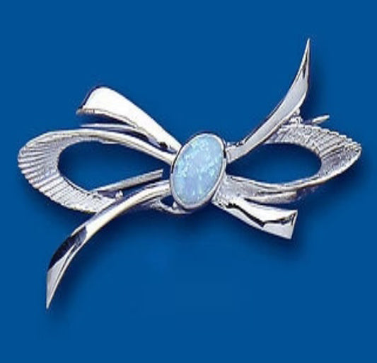 Opal Brooch Solid Silver Bow Design Hallmarked handmade