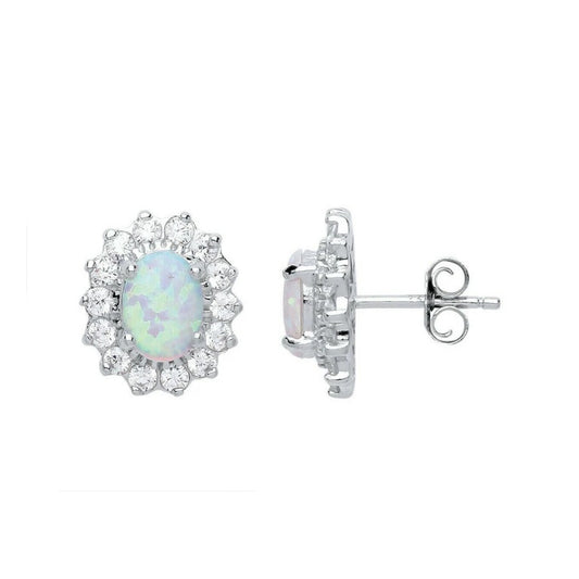 Opal Cluster Stud Earrings Solid Sterling Silver Rhodium Plated 925 Hallmark