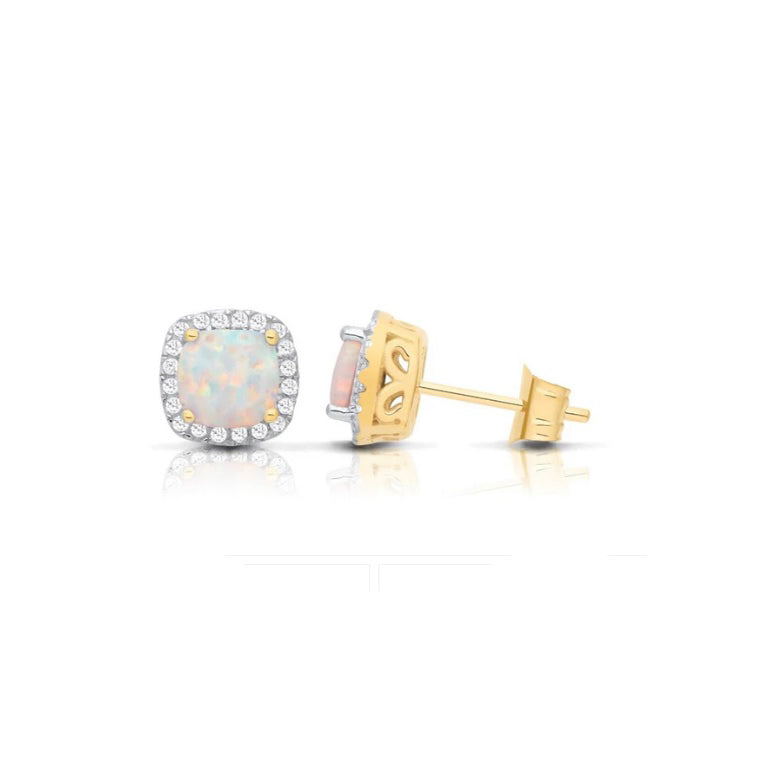 Opal Cushion Cluster Stud Earrings Solid 9ct Yellow Gold Hallmarked