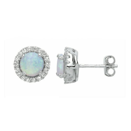 Opal Halo Stud Earrings Solid Sterling Silver Rhodium Plated 925 Hallmark