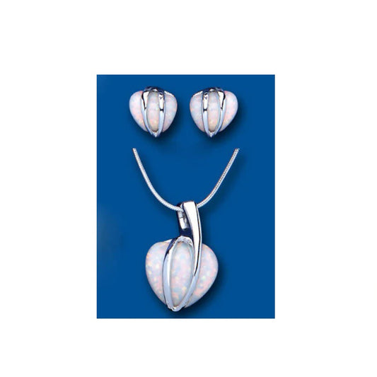 Opal Heart Pendant and Earrings Set Solid Sterling Silver 16" Snake Chain