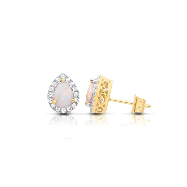 Opal Pear Cluster Stud Earrings Solid 9ct Yellow Gold Hallmarked
