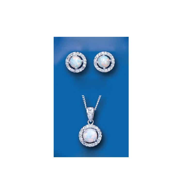 Opal Pendant and Earrings Set Solid Sterling Silver Halo Cluster