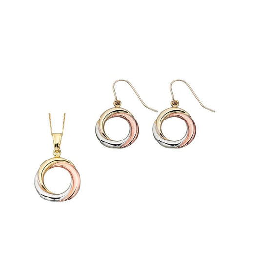 Open Circle Pendant and Earrings Set 9ct Three Colour Gold 16, 18 or 20" Chain