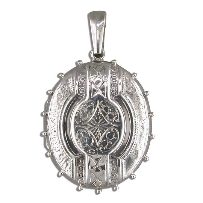 Oval Locket Fancy Victorian Style Pendant with Intricate Engraved Design and Silver Finish