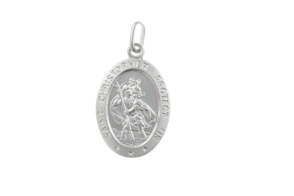 Oval St Christopher pendant in silver featuring a detailed design of St Christopher holding a child