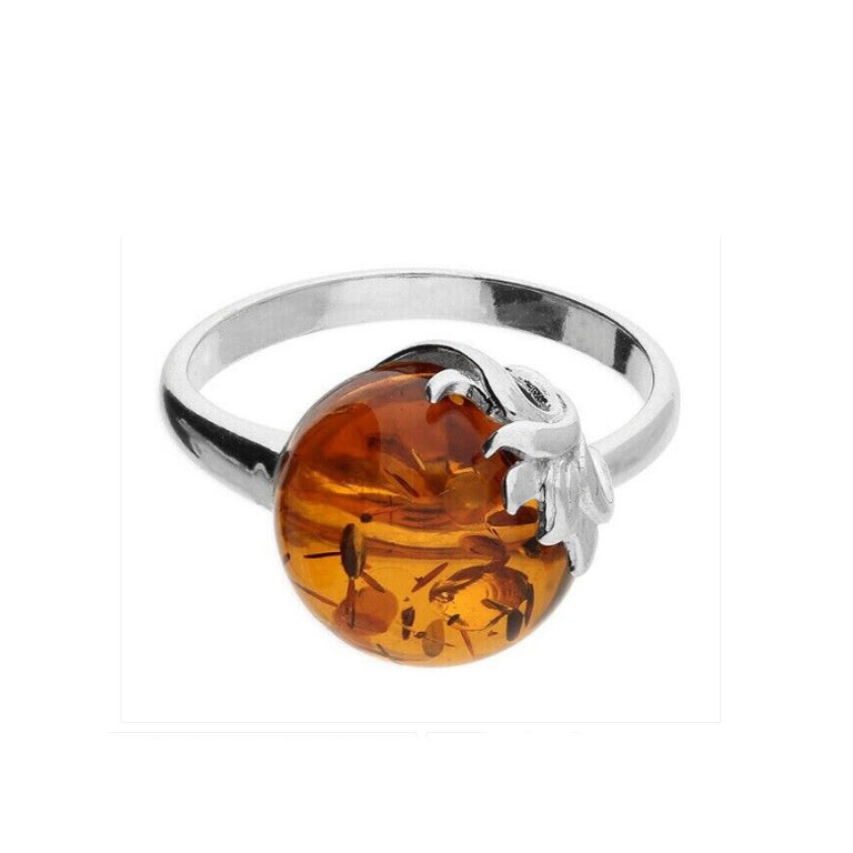 Oval Cognac Amber Leaf Ring Solid Sterling Silver 925 Brand New