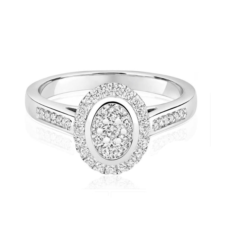Real Diamond Ring 9ct White Gold Oval Cluster Halo Engagement 0.50 Carat Weight