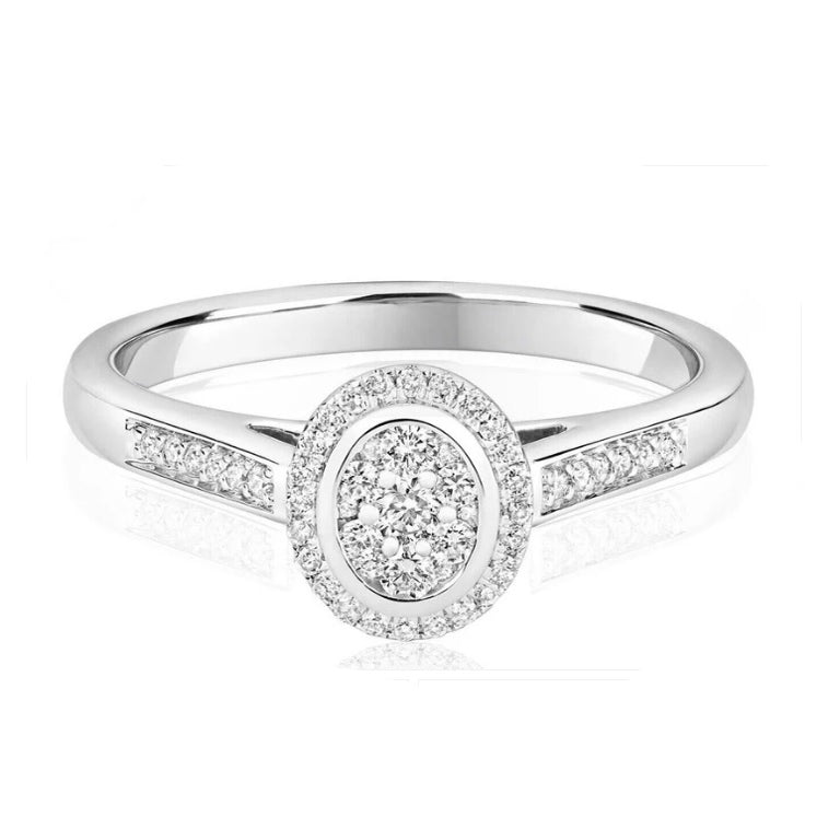 Real Diamond Halo Cluster Ring 9ct White Gold Engagement Oval 0.25ctw