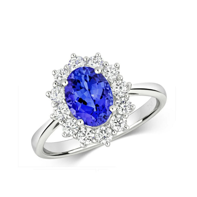 Real Tanzanite and Diamond Ring 18ct White Gold Oval Cluster 1.76 Carat Weight