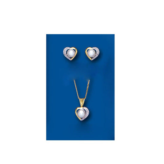 Pearl and Diamond Heart Set Yellow Gold Pendant and Earrings Freshwater Cultured