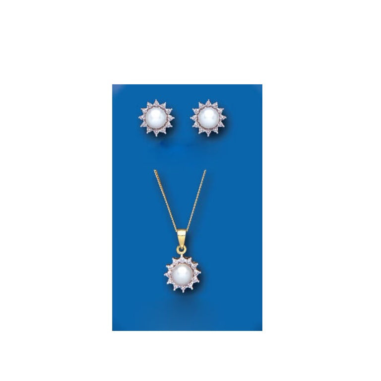 Pearl and Diamond Set Yellow Gold Pendant and Earrings Freshwater Cultured