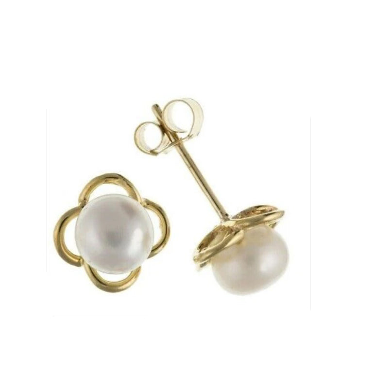 9ct Gold Pearl Flower Stud Earrings Freshwater Bridal Jewellery Wedding Hallmark