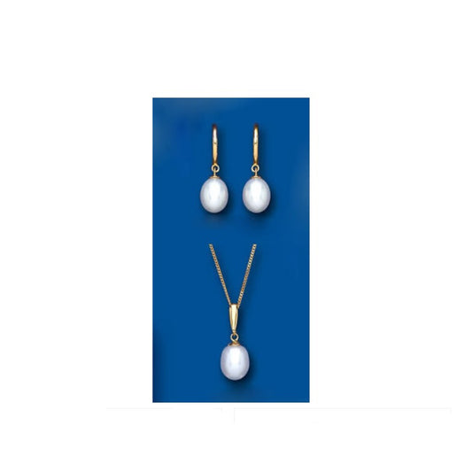 Pearl Pendant and Earring Set Solid Yellow Gold Hallmarked Cultured Freshwater