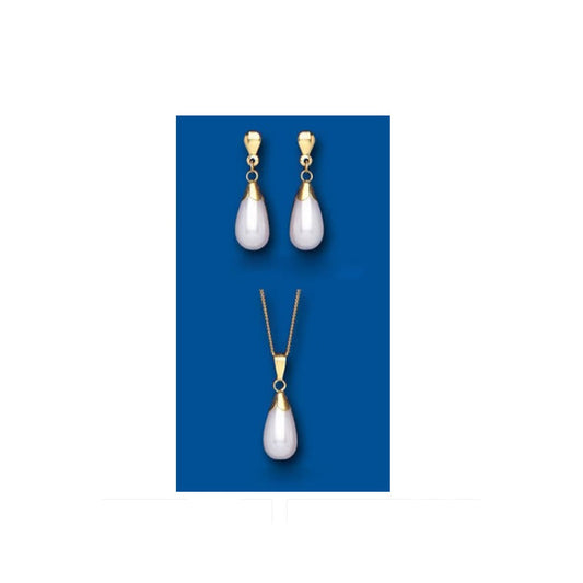 Pearl Set Yellow Gold Classic Pendant and Earrings Drop Hallmarked British Made
