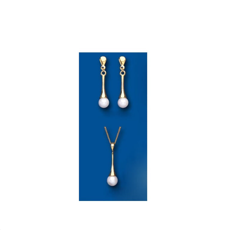Pearl Set Yellow Gold Pendant and Earrings Drops Hallmarked British Made