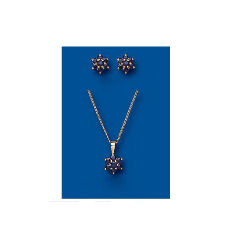 Sapphire Set Yellow Gold Pendant and Earrings Cluster Stud