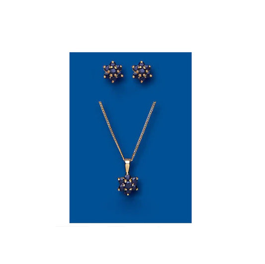 Sapphire Set Yellow Gold Pendant and Earrings Cluster Stud