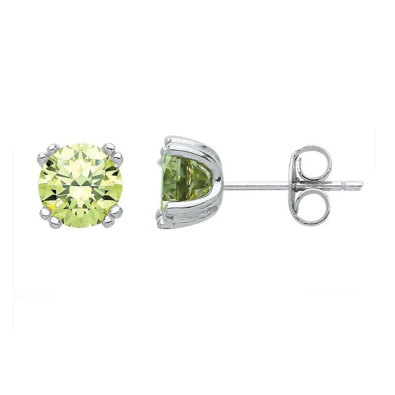 J R Jewellery peridot stud earrings sterling silver with round green gemstones and secure butterfly backs