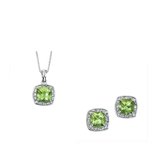 Real Peridot and Diamond Set White Gold Pendant Earrings 16 18 or 20" Chain