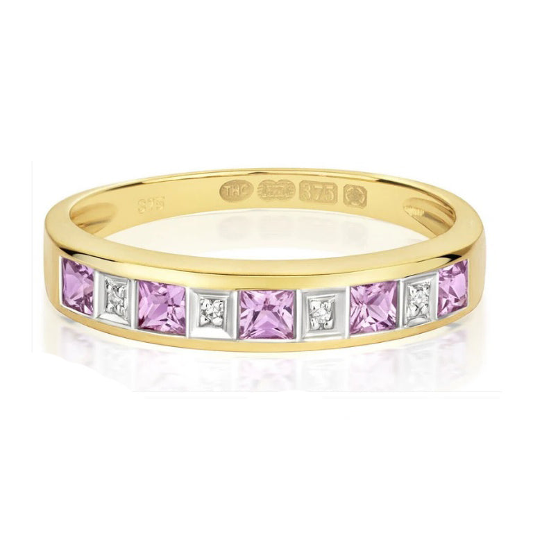 Real Pink Sapphire and Diamond Eternity Ring Solid Yellow Gold Band Size J-Q