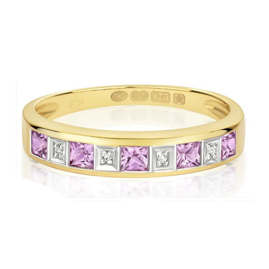 Real Pink Sapphire and Diamond Eternity Ring Solid Yellow Gold Band Size J-Q