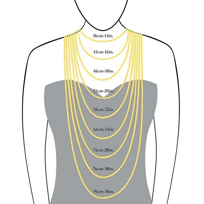 Size guide for J R Jewellery Plain Cross Pendant necklaces showing different chain lengths