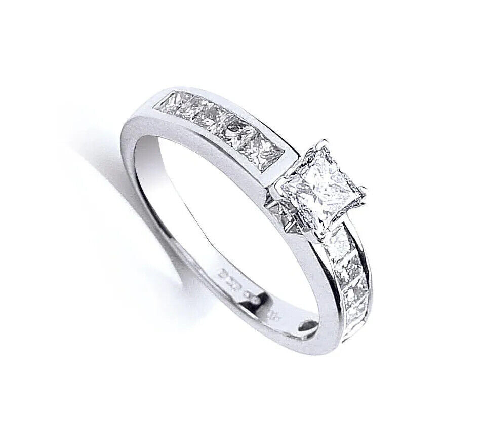Elegant princess cut diamond ring 18ct white gold with channel set diamonds by J R Jewellery