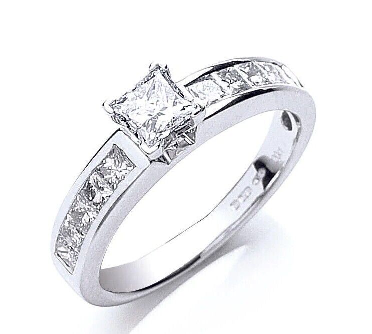 Princess cut diamond ring 18ct white gold with channel set stones by J R Jewellery