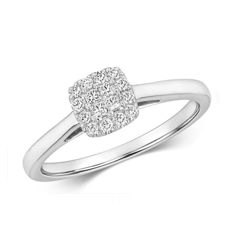 Real Diamond Cluster Ring Princess Cut Centre 9ct White Gold 0.20ctw Size J - Q