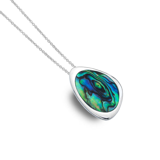 J R Jewellery paua shell silver pendant with an iridescent teardrop-shaped stone on a delicate silver chain
