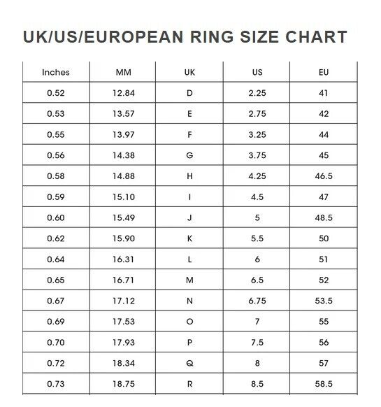 UK US European ring size chart for J R Jewellery featuring real diamond solitaire twist rings