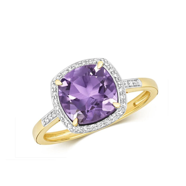 Real Amethyst and Diamond Ring Solid Yellow Gold 8mm Cushion Size J - Q