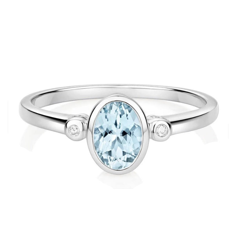 Real Aquamarine and Diamond Ring 9ct White Gold Oval Solitaire Size J - Q