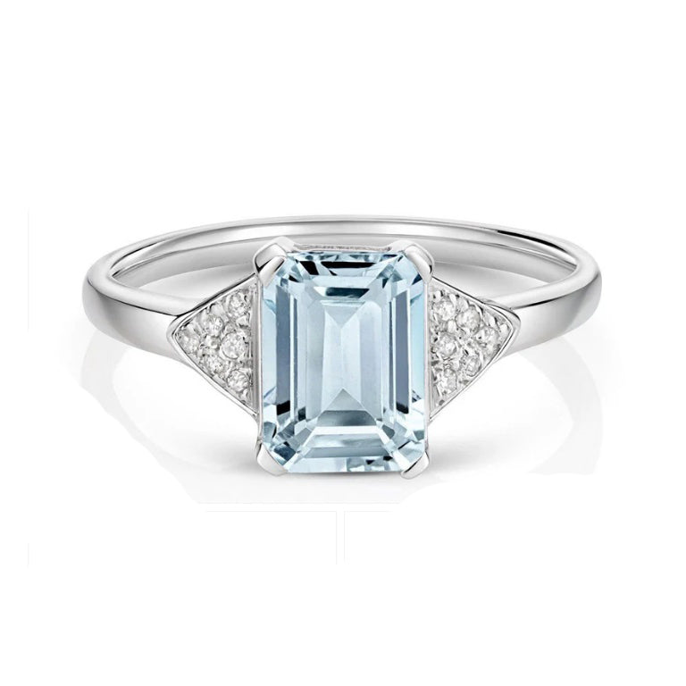 Real Aquamarine and Diamond Ring Solid White Gold Emerald Cut Solitaire Size J-Q