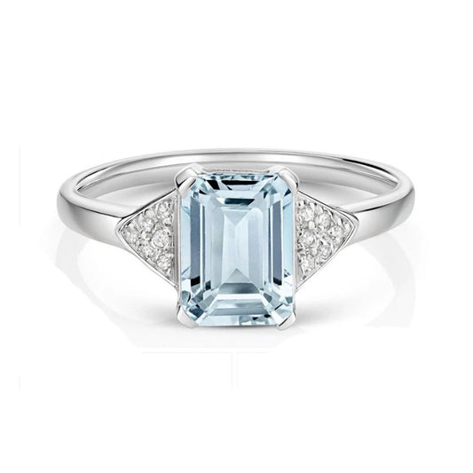 Real Aquamarine and Diamond Ring Solid White Gold Emerald Cut Solitaire Size J-Q