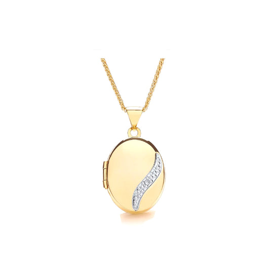 Real Diamond Oval Locket 9ct Yellow Gold 18" Chain Hallmarked