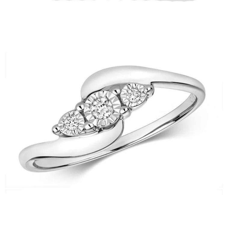 Real Diamond Three Stone Ring Solid White Gold Twist Trilogy Engagement