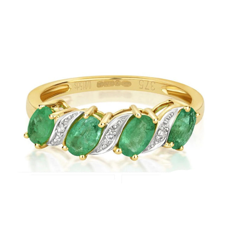 Real Emerald and Diamond Eternity Ring Solid Yellow Gold Oval Gemstone Band